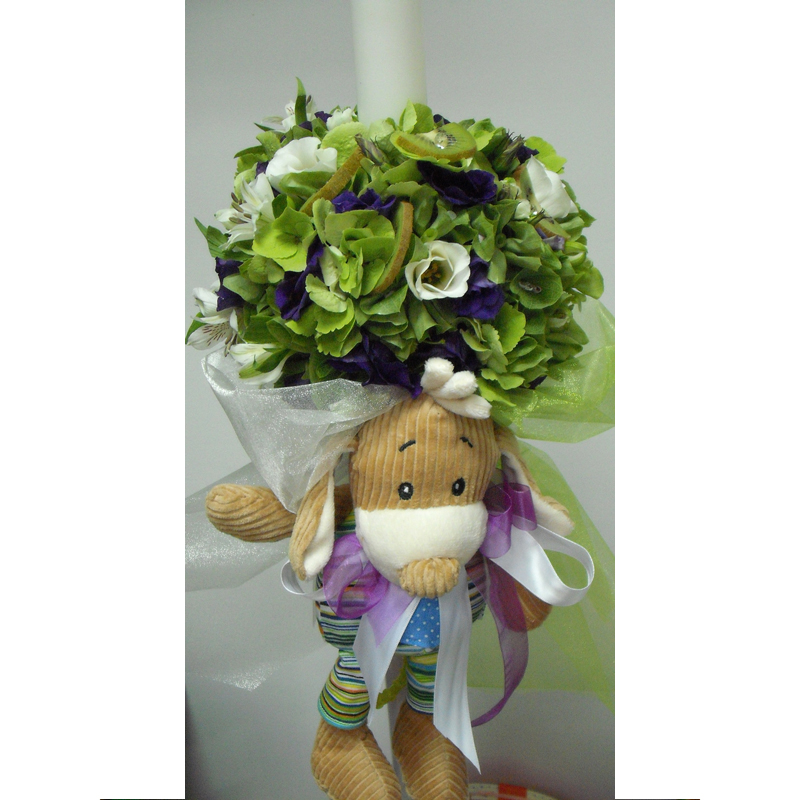 LB 01-260,00 RON-Lumanare botez cu hortensie lisianthus si kiwi